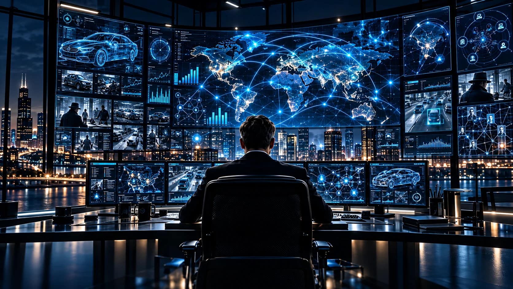 Enterprise insurance intelligence command environment with claims, vehicle, and investigative data displays.